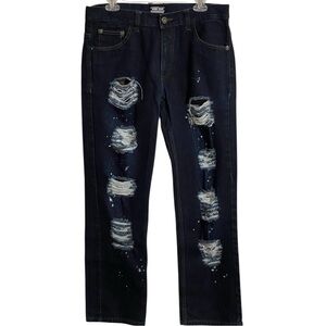 NOBEL MENS DARK BLUE DISTRESSED JEANS SZ 34